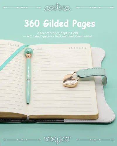 Vista 4 de Hoci Poci Agenda con candado y llaves para niñas, ideas de regalo para niñas, diario de 360 páginas con bordes dorados para mujeres, cuaderno