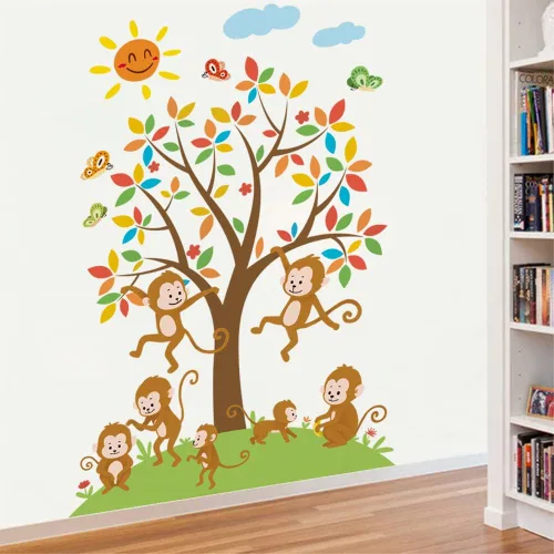 Vista 2 de Runtoo Calcomanías de pared de mono con diseño de árbol de animales de la selva para decoración de pared de dormitorio de niños Árboles de mono