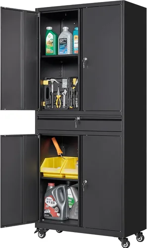 Vista 9 de SISESOL Gabinete de almacenamiento de metal ancho y profundo con ruedas, gabinete de almacenamiento de garaje alto rodante con cerradura, gabinetes