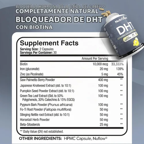 Vista 2 de Nutrivein Premium DHT Bloqueador para hombres y mujeres - 60 cápsulas