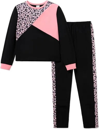 Vista 6 de PATPAT Conjunto de 2 piezas para niñas, camiseta de bloque de color de leopardo, camiseta de cuello redondo, leggings negros, pantalones deportivos