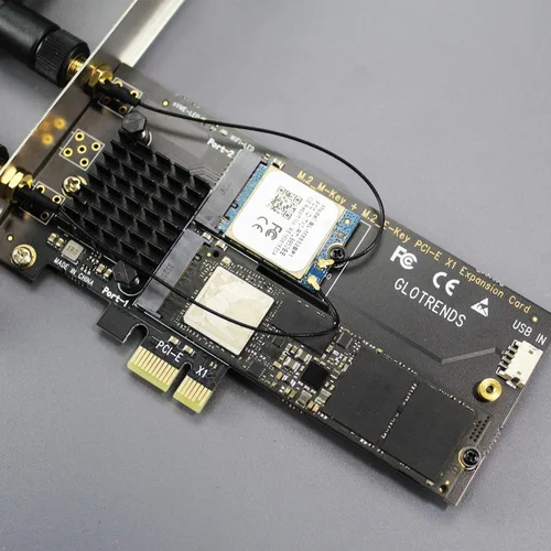 Vista 2 de GLOTRENDS Adaptador WA05 PCIe X1 para un módulo WiFi M.2 Key-E y un SSD NVMe M.2, diseño combinado 2 en 1
