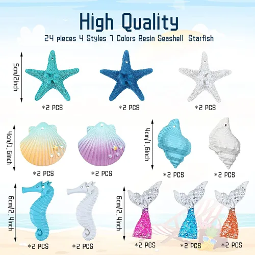 Vista 2 de Maitys 24 adornos navideños de resina con temática del océano, diseño de lápiz, estrella de mar, concha, caballito de mar, decoración artificial