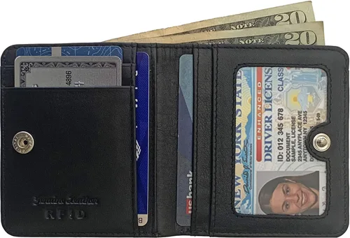 Vista 2 de Mini billetera personalizada de cuero RFID para mujer con tarjeteros de crédito y bolsillo para monedas, RojoNegro, Minimalista