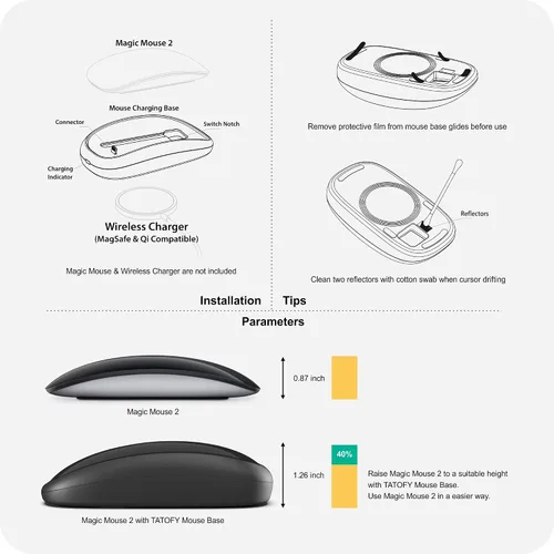 Vista 6 de Cargador de ratón TATOFY Compatible con Magic Mouse 2 (USB-C) Agarre con soporte de carga inalámbrica, base ergonómica (Negro)