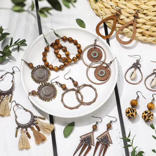 Vista 7 de 9 pares de aretes bohemios de madera para mujer, con borlas, estilo nacional, estilo hippie, vintage, gota para la oreja