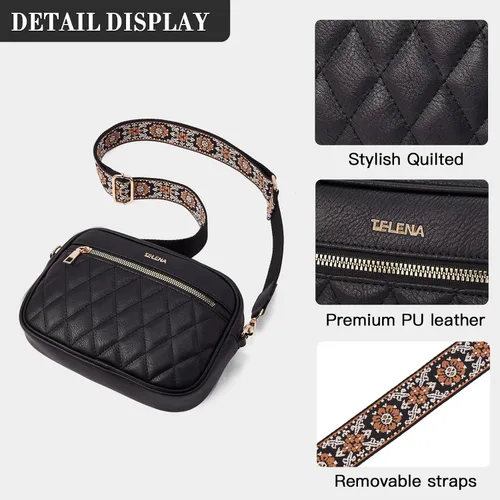 Vista 7 de Telena Bolsos cruzados acolchados para mujer, bolso cruzado pequeño de moda, bolso cruzado de cuero para mujer con correa ancha