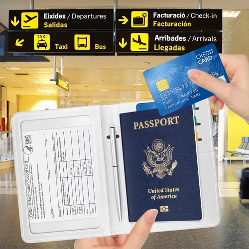 Vista 2 de Soporte para pasaporte, cartera de piel RFID para pasaporte de viaje para mujeres y hombres, Verde (Green leaves), Compacto