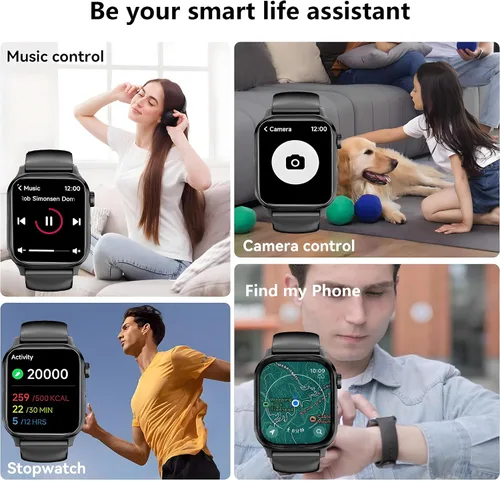 Vista 5 de Reloj inteligente negro para hombres/mujeres, rastreador de fitness de 1.85 pulgadas con monitor de frecuencia cardíaca/linterna, IP67 impermeable