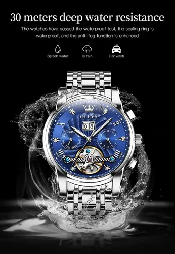 Vista 7 de OLEVS - Reloj automático para hombre con diseño de esqueleto de 5 manecillas, clásico, de lujo, multicalendario, de acero inoxidable, impermeable