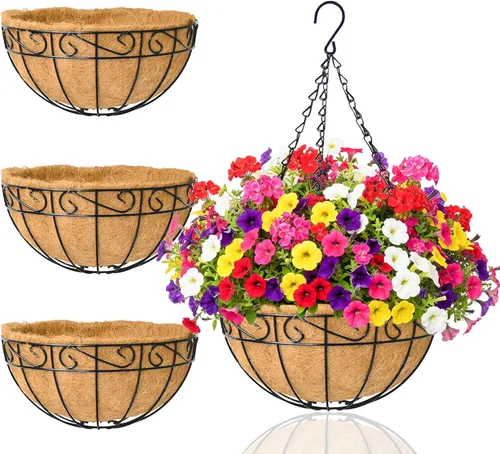 Vista 9 de Macetas colgantes para plantas de exterior, paquete de 4 cestas colgantes de metal de 12 pulgadas con forro de fibra de coco y alambre para plantas