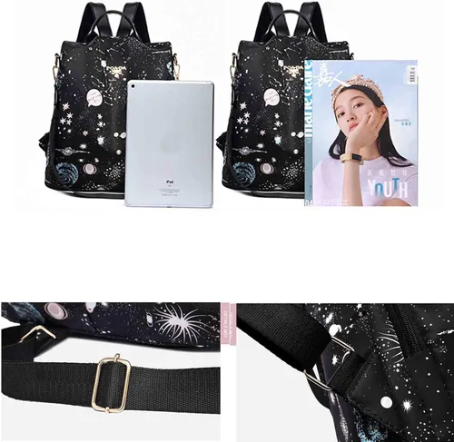 Vista 7 de Mochila de mujer, bolsa de viaje impresa estrella, bolsa de compras de moda de gran capacidad, Cielo estrellado, Moderno
