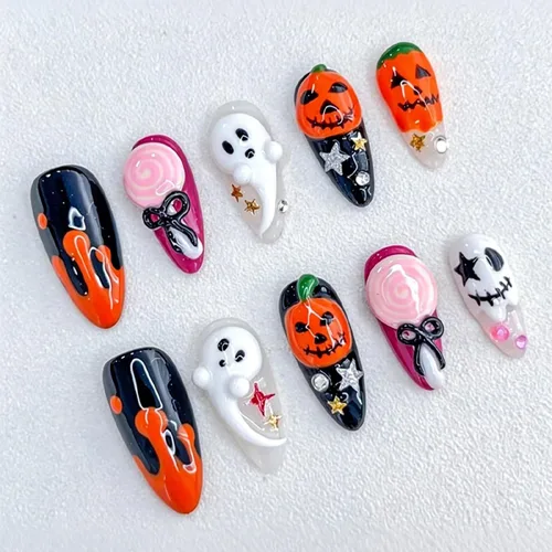 Vista 48 de Paquete de 6 144 uñas acrílicas de Halloween a presión, uñas postizas reutilizables de cobertura completa, uñas postizas adhesivas con pegamento H103