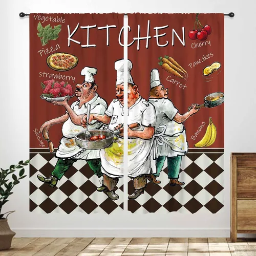 Vista 32 de Cortinas de cocina rústicas, color negro y blanco, tablón de madera con cuchillo y cuchara para barra, bolsillo para barra, tratamiento de ventana