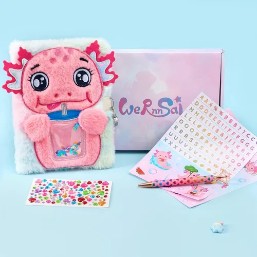 Vista 5 de WERNNSAI Axolotl - Diario secreto para niñas con llave de bloqueo, kit de diario de felpa para niños, cuaderno de viaje escolar con bolígrafo