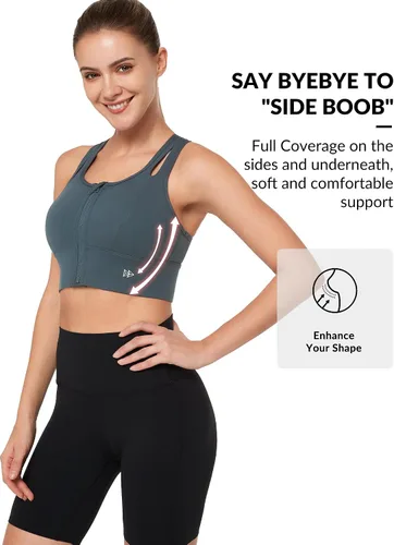Vista 3 de Yvette Sujetadores deportivos para mujer de alto impacto con cremallera frontal, brasier deportivo de alto soporte, busto grande para entrenamiento
