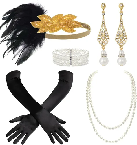 Vista 13 de BABEYOND - Accesorios estilo 1920s, Set de accesorios para disfraz Gatsby de los años 20s, diadema Flapper, collar de perlas, guantes, soporte