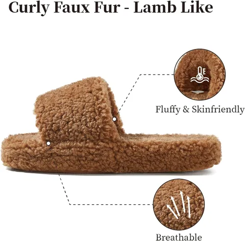 Vista 2 de posee Pantuflas mullidas de espuma viscoelástica para mujer, pantuflas de punta abierta mullidas, de piel rizada, cómodas, suaves, antideslizantes