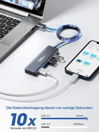 Vista 3 de Concentrador USB, divisor USB 3.0 de 4 puertos dockteck de aluminio, extensor USB de 2 pies compatible con MacBook, XPS, Surface Pro, Mac mini/Pro