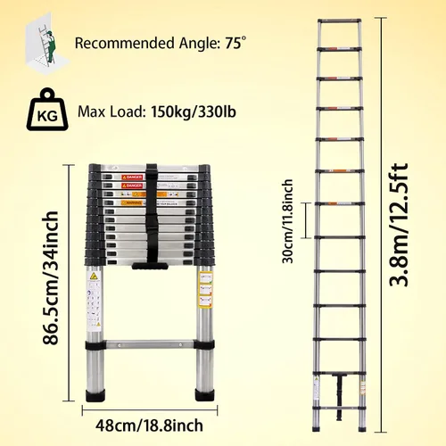 Vista 2 de Escalera telescópica de acero inoxidable - 12.5 pies/3.8m, escalera plegable resistente con pies antideslizantes - capacidad de 330 libras