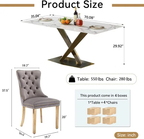 Vista 9 de Juego de mesa de comedor de mármol blanco de lujo para 4, 70 pulgadas, mesa de comedor de mármol blanco con 4 sillas de terciopelo gris y base