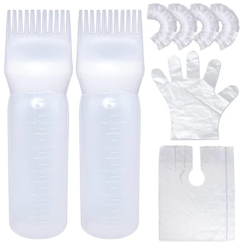Vista 8 de Cosywell Botella aplicadora de peine de raíz, 6 onzas, paquete de 2 cepillos aplicadores de tinte para el cabello con escala graduada (rosa)