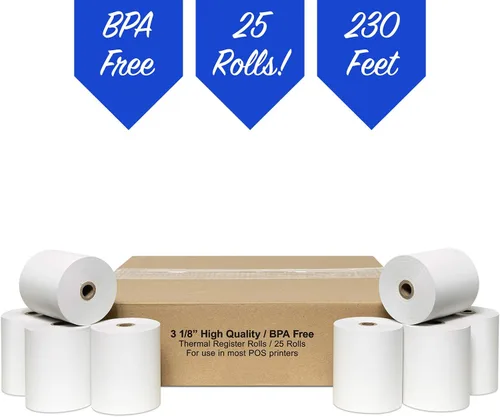 Vista 5 de 3 1/8" (80 mm) X 220 pies de registro de efectivo térmico POS papel de recibo 25 rollos/caja