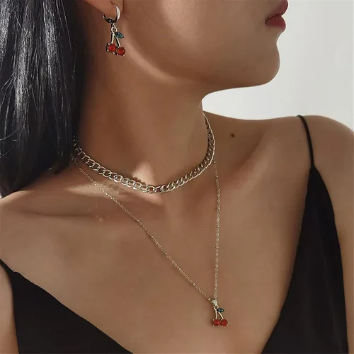 Vista 5 de ONLYJUMP Collar personalizado con colgante de fruta de cerezo de cristal rojo para mujeres y niñas creativo lindo verano tropical fruta cereza cesta