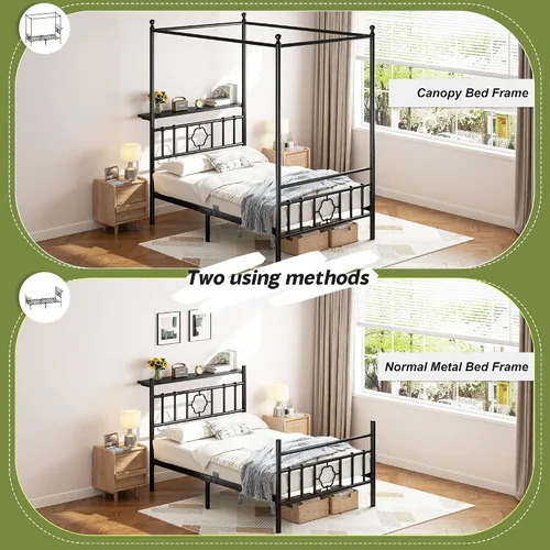 Vista 7 de Homkdom Twin Canopy Bed Frame with Storage Headboard,Noise-Free,Black