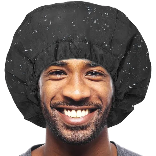 Vista 7 de Gorro de ducha para hombre, gorro de baño negro, reversible, con forro de rizo, grande, impermeable, ajustable, banda elástica, dobladillo elástico