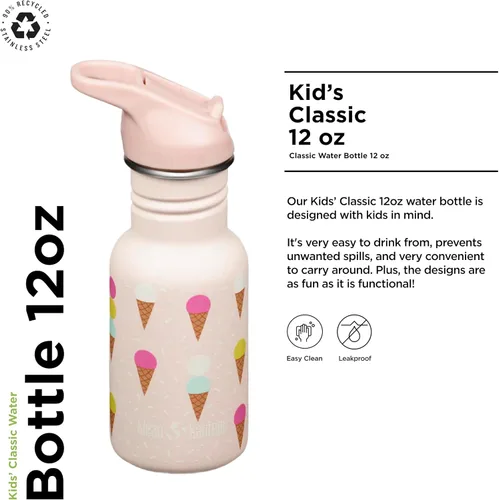 Vista 2 de Klean Kanteen Botella de Agua Clásica para Niños de 12 oz con Tapa Deportiva Flip Seal y Pajita - Tapa 100% A Prueba de Fugas - Material de Acero