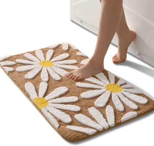 Vista 28 de QJHOMO Alfombra de baño beige con diseño de margaritas, decoración de flores blancas y amarillas, alfombra antideslizante de microfibra, súper