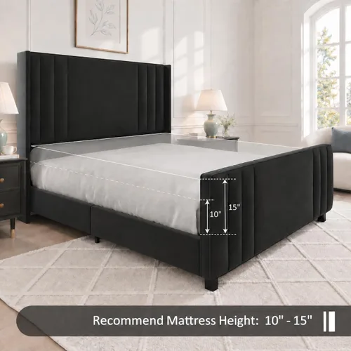 Vista 7 de Albott Base de cama de plataforma tamaño Queen, cama tapizada con cabecera y pie de cama con respaldo alado acolchado de canales verticales Negro