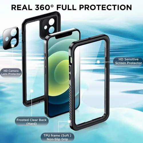 Vista 5 de Funda impermeable para iPhone 12, IP68 bajo el agua, a prueba de caídas, polvo y real 360, antideslizante, resistente, resistente, a prueba de Negro