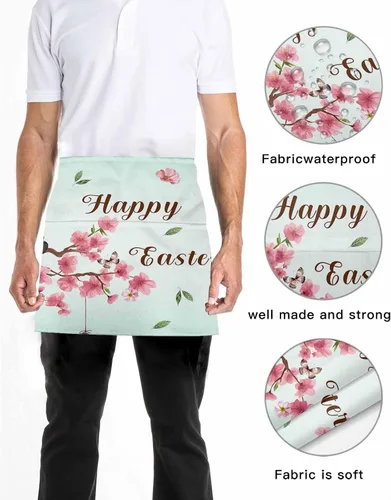 Vista 5 de Delantal de camarera floral con bolsillos, diseño floral de huevo de Pascua, conejo, cintura de mosca, media cocina, barbacoa, parrilla, chef