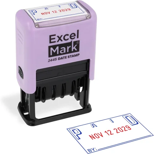 Vista 37 de ExcelMark 2445 Sello de fecha con texto – tinta azul y roja (montaje gris, aprobado)