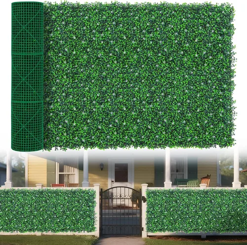 Vista 10 de Yangrass Rollo de Paneles de Pared de Césped, 40"x120" (33.33 pies cuadrados) Hiedra Artificial con Flor Blanca, Paneles Verdes de Pared de Césped