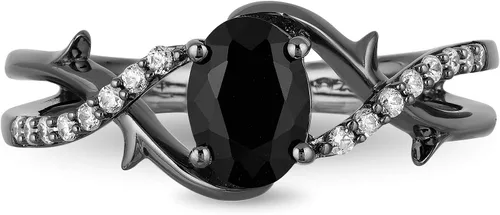 Vista 2 de Jewelili Enchanted Disney Fine Jewelry - Anillo de maléfica con diamantes de 115 de pulgada (0.276 x 0.197 in), ovalado de ónix negro y diamantes