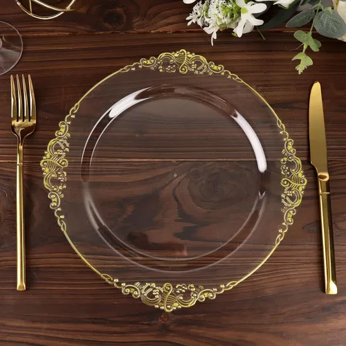Vista 19 de Paquete de 10 platos redondos de plástico barroco dorado de 8 pulgadas para ensalada de postre, vajilla desechable con borde dorado en relieve