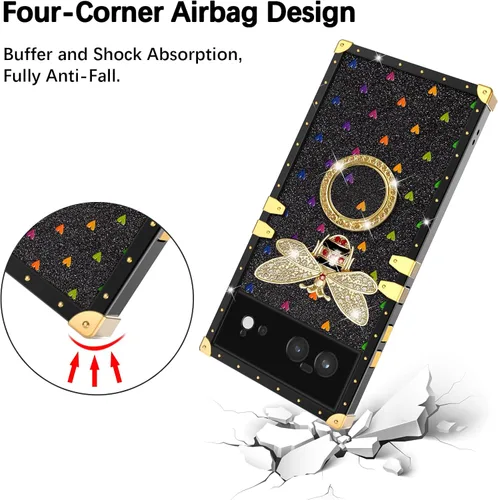 Vista 3 de nancheng Funda para Google Pixel 6 de lujo, diseño de abeja, corazón y abeja, chapado en oro, con anillo de diamante de 360°, correa de cordón