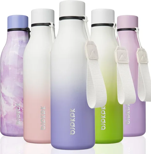 Vista 26 de BJPKPK Botellas de agua aisladas, botella de agua de metal de acero inoxidable de 12 onzas con correa, sin BPA a prueba de fugas, jarras, tazas