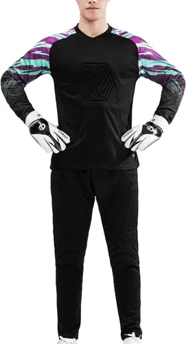 Vista 2 de Fldy Conjunto de camiseta y pantalones de portero acolchados para hombre para adultos y niños, camiseta de portero de fútbol de manga larga, kit