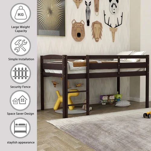 Vista 6 de Merax Junior's - Cama baja tipo loft baja de madera maciza para niños, no necesita somier (espresso)