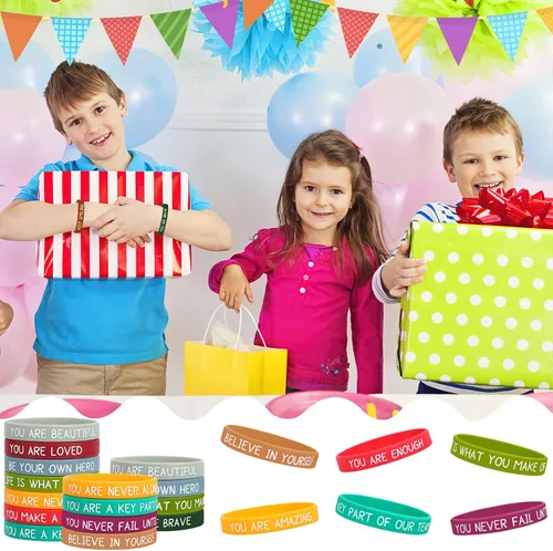 Vista 5 de JUNEBRUSHS 64 piezas de pulseras de silicona motivacionales a granel, pulseras de goma coloridas e inspiradoras, unisex para estudiantes, maestros