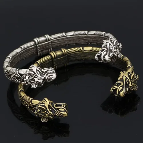 Vista 2 de Pulsera de brazo vikingo nórdico para hombre, con cabeza de lobo Fenrir