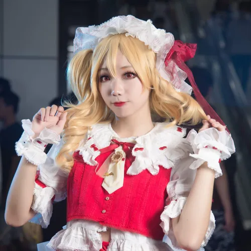 Vista 3 de REYHS Peluca de anime Flandre Scarlet Cosplay peluca para proyecto Touhou, peluca rizada rubia, peluca de disfraz de Halloween, para fiesta