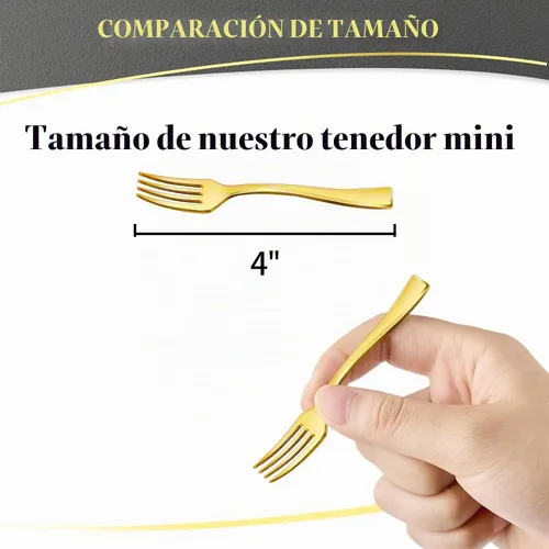 Vista 2 de 100 mini tenedores dorados de 4 pulgadas, pequeños tenedores de postre de plástico dorado, desechables, resistentes, diminutos tenedores
