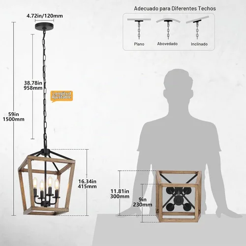 Vista 2 de Lámpara de araña de granja de 4 luces, lámpara de techo rústica tipo linterna con jaula de metal pintado de madera y cadena ajustable, luminaria