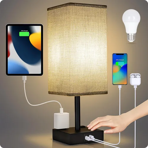 Vista 7 de Lámpara de Mesa de Noche para Dormitorio - Lámpara Pequeña Táctil con Puertos de Carga USB C+A y Tomacorrientes de CA, Luz de Mesa de Noche Gris