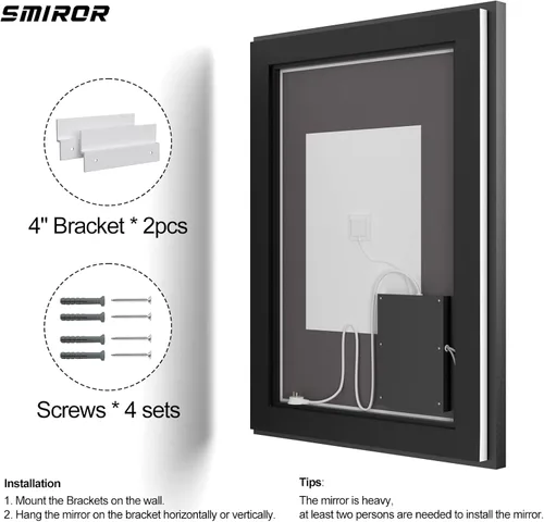 Vista 6 de SMIROR - Espejos LED de 32x36 para pared de baño, espejos modernos de tocador con luces, borde negro, regulable, antiempañamiento, memoria